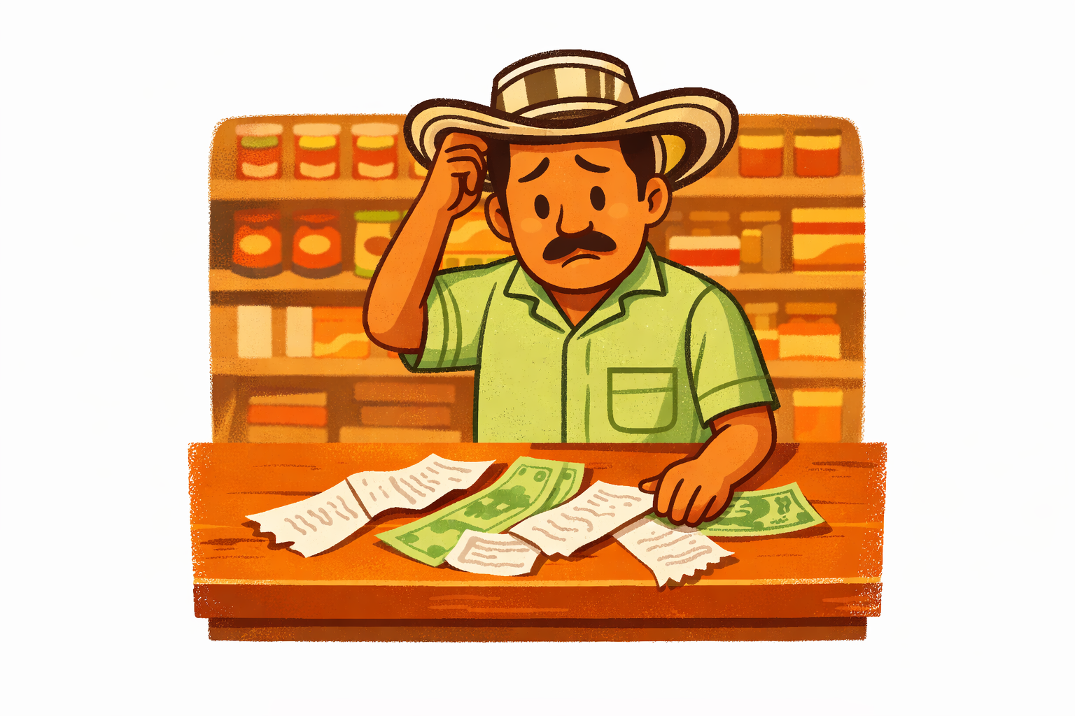 Tendero en su tienda mirando recibos confundido sin saber cuánto vendió